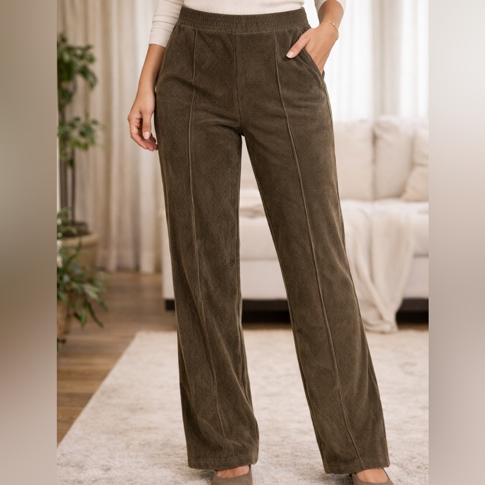 Olive Green Corduroy Wide Leg Pants- Size L short